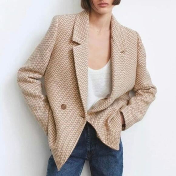 Anine Bing Oversized Fishbone Blazer Tan/White Herringbone Print‎ Size Large - Picture 11 of 11